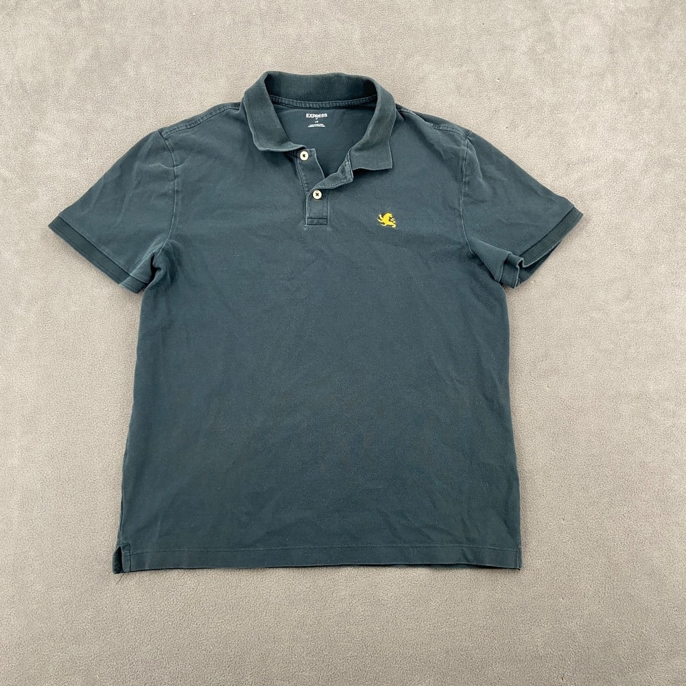 Y2K Express Golf Polo Shirt Mens Large Teal Cotton Embroidered Lion Logo